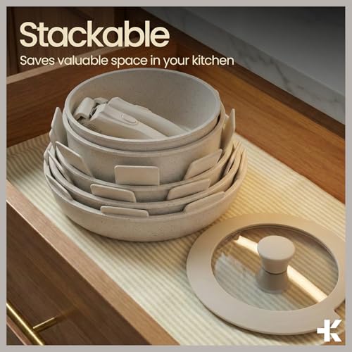 Bakken 15-Piece Non-Stick Cookware Set with Detachable Handles – Granite Stackable Pots and Pans Set, Dishwasher Safe, Oven-Safe, and Compatible Kitchen Essential for All Stoves – Cream