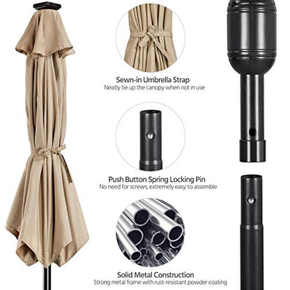 Yaheetech 9FT Solar Powered Patio Umbrella - UV Protection Market Table Umbrella w/ 32 LED Lights & Push Button Tilt & Crank Lift System for Garden/Lawn/Deck/Backyard/Pool,Tan