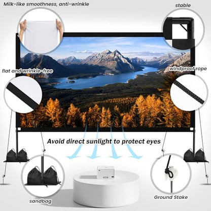 120inch Projector Screen with Stand: Portable Projector Screen Outdoor Indoor Front/Rear16:9 4K HD with Carry Bag, Sandbag - Lightweight Movie Screen for Backyard, Camping, Theater