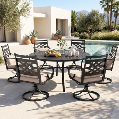 PHI VILLA 7 Pieces Outdoor Dining Set for 6, 54" Round Black Metal Table & Wrought Iron Swivel Chairs, Rustproof Large Outside Furniture with Cushions & Pillows for Patio, Deck, Porch