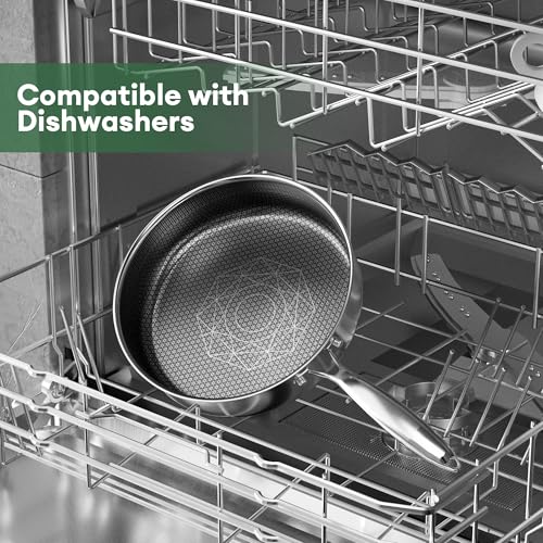 COOKER KING 3.6-Quart Hybrid Stainless Steel Sauté Pan with Lid, 10" Tri-Ply Clad Deep Frying Pan, Non-Stick & Non-Toxic Skillet for Egg, Cake, Seafood, Induction Compatible, Oven & Dishwasher Safe