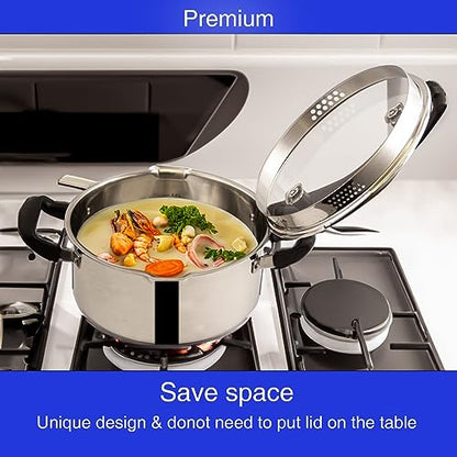 Stainless Steel Cookware Pasta Pot by Cyrder – 5 Quart, Strainer in Glass Lid, Two Side Spouts, Capsule Bottom Stock Pot, Durable & dishwasher safe