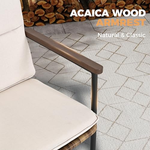 HAPPATIO Aluminum Patio Dining Chairs Set 4 Pieces, All-Weather Wicker Rattan Outdoor Dining Chairs with Wooden Armrests & Cushions, Classic Outdoor Seating for Garden, Lawn, Backyard