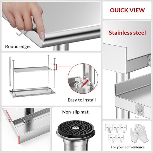 Atelicf All-Stainless Steel Prep Table, 24 X 48 Inch, with Rounded-Corner Backsplash and Adjustable Undershelf, Heavy-Duty for Outdoor Use,Restaurants,Hotels,Workshops,Kitchens,Gardens, and Garages