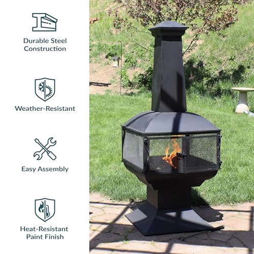 Sunnydaze 57-Inch Large Chiminea Outdoor Fireplace - Steel Wood-Burning Chiminea Outdoor Fire Pit with Cover, Wood Grate, and Poker