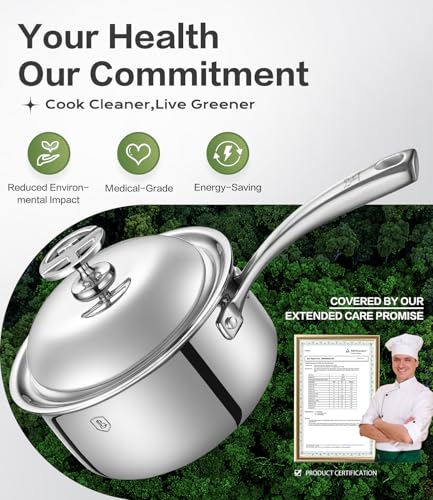 Lebof 3-Quart Stainless Steel Saucepan with Lid,5-Ply Clad Base Pot Even Heating & Fast Boiling, Premium Saucier for Induction, Gas, Electric & Oven