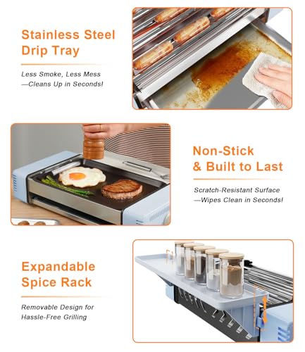 3-in-1 Electric Grill with Hot Dog Roller, Portable Indoor Outdoor BBQ Grill, Griddle and Sausage Roller Machine with Removable Non-Stick Plate & Drip Tray, for Tailgate, Camping, RV, Home Kitchen