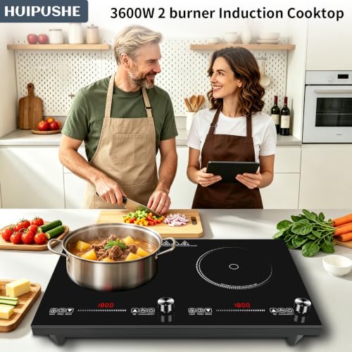 HUIPUSHE 2 burner induction cooktop,110V3600W 24 inch induction hot plate,induction stove top with LED touch and Knob Control, with 9 Power Levels, Kids Lock & 4H,24 Inch double induction cooktop