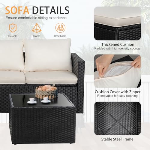 Shintenchi Outdoor Sectional Patio Furniture Set 4-Piece, All-Weather PE Rattan Sofa Couch with Cushions & Storage Coffee Table for Yard, Garden, Porch, Poolside (Beige)