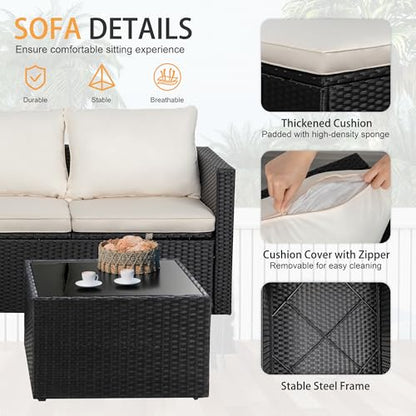 Shintenchi Outdoor Sectional Patio Furniture Set 4-Piece, All-Weather PE Rattan Sofa Couch with Cushions & Storage Coffee Table for Yard, Garden, Porch, Poolside (Beige)