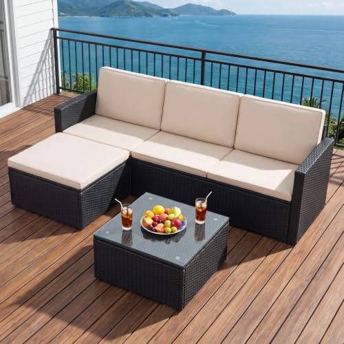 Greesum 3 Piece Patio Furniture Set Outdoor Wicker Rattan Sectional Sofa with Adjustable Seat, Soft Cushions & Coffee Table for Yard, Garden, Porch, Poolside, Beige