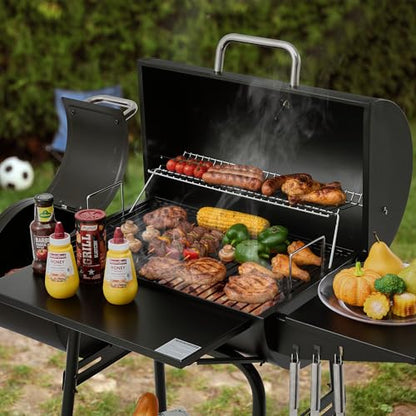 Grills House Barrel Charcoal Grill with Offset Smoker, Side Shelf with Hooks, Mesh Bottom Shelf, Blow-Molded Wheels, Outdoor Grilling and Backyard Cooking, CC1624S, Black