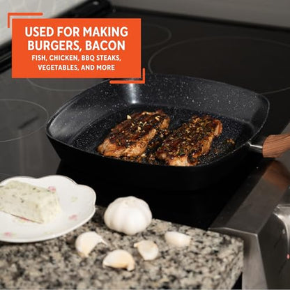 IMUSA 11-Inch PFAS Free Ceramic NonStick Grill Pan, Aluminum Griddle Pan with Cool-Touch WoodLook Handle, Large Cooking Surface for Burgers, Steaks, Vegetables, Sandwiches & BBQ