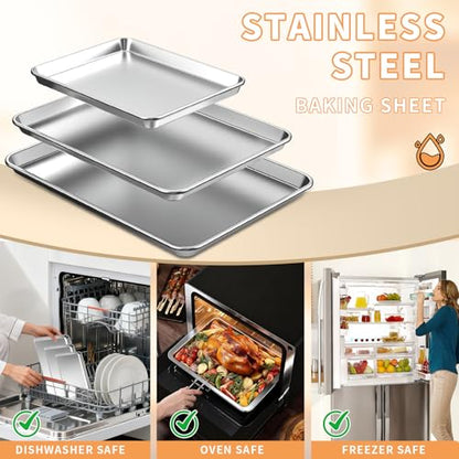 Baking Sheet Set of 3, Stainless Steel Cookie Sheets Baking Sheet Pan, 10.5/12.4/16 Inch, Thicker and Firmer Baking Pans Set, Non-stick, Non toxic & Heavy Duty & Easy Clean，Dishwasher Safe