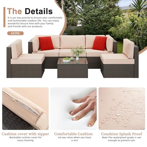 6 Pieces Patio Furniture Set Outdoor Couch Wicker Sectional Sofa, Beige