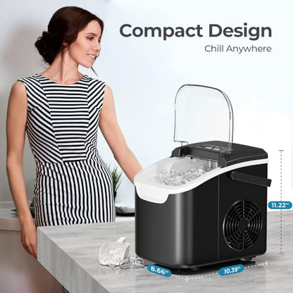 Countertop Ice Maker Machine, 8 Ice Cubes in 6 mins, 26lb/Day Ice with 2 Sizes- Portable Mini, Energy Saving & Basket/Scoop for Home/Party/Travel/Camping/Bar,Black