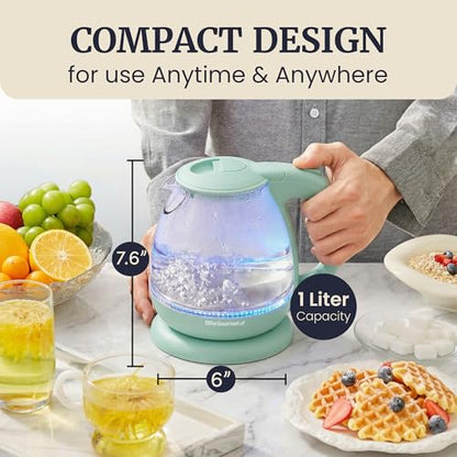 Elite Gourmet 1L Glass Electric Water Kettle, BPA-Free, Fast Boil, Auto Shut-Off, Boil-dry Protection, 360° Swivel Base with Cordless Serving, Clear-view Water Level Markings, Mint
