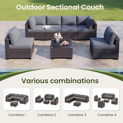 OUGMMGOU 7-Piece Outdoor Patio Furniture Set, 6-Seat All-Weather PE Rattan Wicker Patio Sectional Furniture Set with Coffee Table, 450 lb Capacity