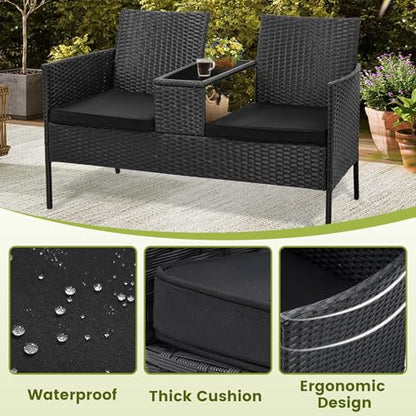 Kromax Wicker 2 Seat Patio Loveseat, Outdoor Rattan Loveseat with Table