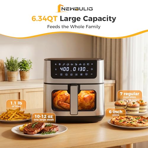 NEWBULIG Air Fryer 6.34QT Airfryer with Visible Window 400℉ Fast Heating Stainless Steel Air Fryers Oven with Nonstick and Dishwasher-Safe Basket 8-in-1 Cooking Preset with Timer Auto-Off