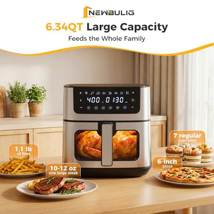 NEWBULIG Air Fryer 6.34QT Airfryer with Visible Window 400℉ Fast Heating Stainless Steel Air Fryers Oven with Nonstick and Dishwasher-Safe Basket 8-in-1 Cooking Preset with Timer Auto-Off