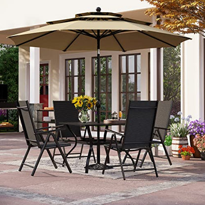 PHI VILLA 5 Piece Patio Dining Set with 10FT Umbrella (Beige), Outdoor Table and Chairs Set with Patio Folding Dining Chairs & Metal Square Dining Table for Yard Garden Deck
