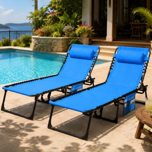 SUNW 2 Pack 400lbs Adjustable Folding Chaise Lounge, Lay Flat Recliner with Pillow & Side Pocket for Patio Pool Camping (Blue)