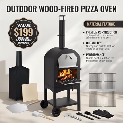 Z1UVDFUR Wood Fired Outdoor Pizza Oven for Patio Backyard Camping, Portable 550°F Pizza Maker with Stone, Peel, Grill Rack & Waterproof Cover for Backyard Camping
