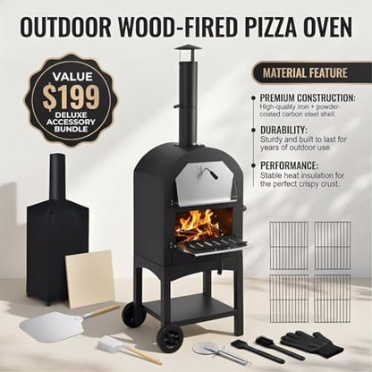 Z1UVDFUR Wood Fired Outdoor Pizza Oven for Patio Backyard Camping, Portable 550°F Pizza Maker with Stone, Peel, Grill Rack & Waterproof Cover for Backyard Camping
