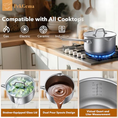 PekGema Stainless Steel Saucepan 3 Quart with Glass Strainer Lid, Tri-Ply Construction, Dual Pour Spouts, Measurement Marks, Stay-Cool Handle, Dishwasher & Oven Safe, All Cooktops Compatible