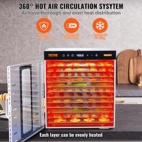 VEVOR Food Dehydrator, 10 Trays Stainless Steel Food Dehydrator Machine, 1000W Dehydrators with Digital Adjustable Timer & Temp, Dehydrator for Jerky Herb Meat Beef Fruit Dog Treats and Vegetables