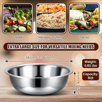 Nuogo 4 Pcs Stainless Steel Mixing Bowls Metal Mixing Bowls Extra Large Basin Salad Basin Deeper Edge Dishwasher Safe Mirror Finish for Home and Commercial, Silver (13 Inch 8 Qt)