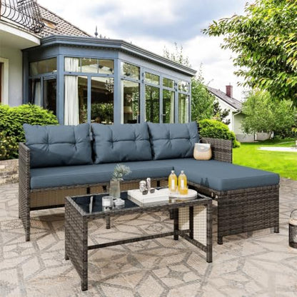 Vongrasig 3 Pieces Patio Furniture Sets, All-Weather Wicker Outdoor Sofa Couch Sectional Set, Small Conversation Set for Patio, Garden w/Cushion, Glass Table, Blue