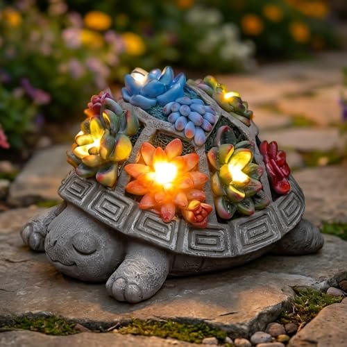 Snclriao Solar Turtle Garden Outdoor Decor with Succulent & 7 LED Lights – Outside Tortoise Statue Decor for Yard Patio Balcony & Backyard - Home House Decoration Art- Gift for Women Mom & Grandma