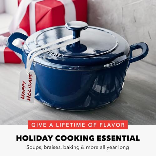GreenPan x Bobby Flay 5.5QT Enameled Cast Iron Round Dutch Oven with Lid, Dual Handles, Oven Safe to 500F & Induction Suitable, Self Basting Lid, Ultra-Durable, Sear, Braising, Bread, Stews, Cobalt