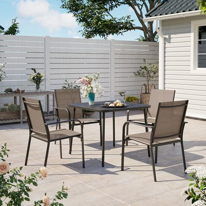 LAUSAINT HOME 5 Pieces Outdoor Dining Set, Patio Furniture Set of 4 Textilene Chairs with Square Metal Slatted Table with Umbrella Hole, Outdoor Table and Chairs Set for Backyard, Garden, and Poolside