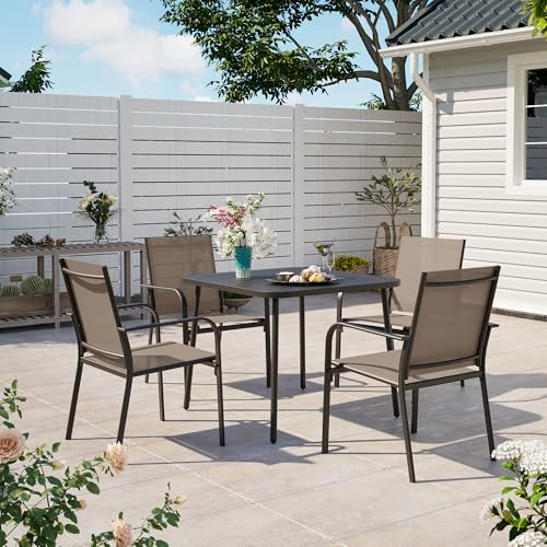 LAUSAINT HOME 5 Pieces Outdoor Dining Set, Patio Furniture Set of 4 Textilene Chairs with Square Metal Slatted Table with Umbrella Hole, Outdoor Table and Chairs Set for Backyard, Garden, and Poolside