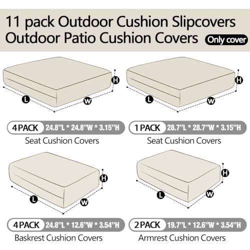 Jadoxy 11 Piece Patio Cushion Covers Replacement Water&Fade Resistant Outdoor Sofa Slipcovers for Sectional Wicker Rattan Furniture，Deck&Porch Cushion Protector (Light Gray, 24.8x24.8x3.54 Inches)