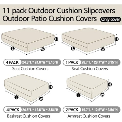 Jadoxy 11 Piece Patio Cushion Covers Replacement Water&Fade Resistant Outdoor Sofa Slipcovers for Sectional Wicker Rattan Furniture，Deck&Porch Cushion Protector (Light Gray, 24.8x24.8x3.54 Inches)