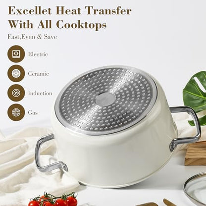 Zalnuuk Ceramic 5 Qt Nonstick Stock Pot with Lid, Soup Pot, Easy to Clean Non Stick Pasta Pot, PFOA PFAS PTFE Free, White