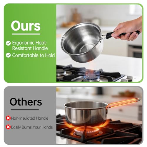 Tadka Pan with Lid, 1.5 Quart Small Sauce Pan with Lid, Stainless Steel Saucepan with Heat-Resistant Handle, Small Pot for Indian Tadka, Tempering and Dal, Perfect for Cooking and Flavoring Spices