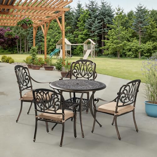 VINGLI 5-Piece Outdoor Patio Dining Set, Cast Aluminum All-Weather Outdoor Table and Chairs w/Cushion, Outdoor Furniture Set w/Umbrella Hole for Backyard Deck Poolside (Round, Elizabeth Back)