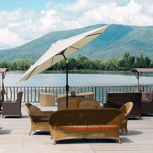 Simple Deluxe 9' Patio Umbrella Outdoor Table Market Yard Umbrella with Push Button Tilt/Crank, 8 Sturdy Ribs for Garden, Deck, Backyard, Pool, Beige