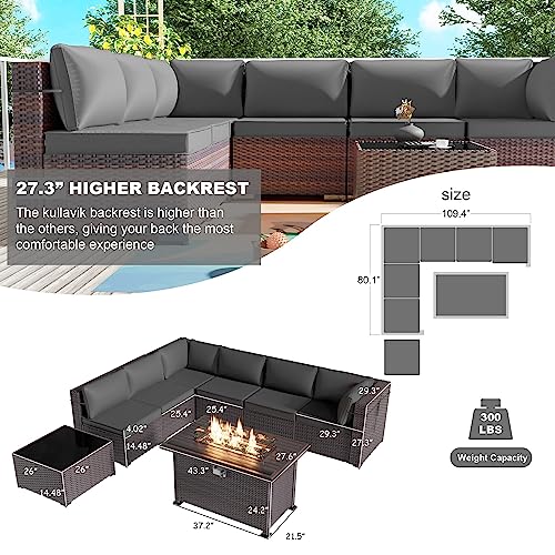 Kullavik 8 Piece Outdoor Wicker Patio Furniture Set with Fire Pit Table