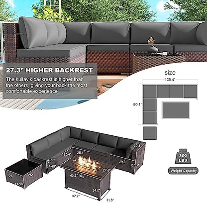 Kullavik 8 Piece Outdoor Wicker Patio Furniture Set with Fire Pit Table