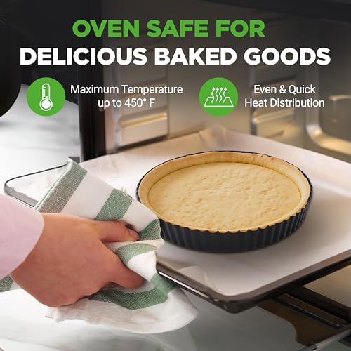 NutriChef 2 Round Tart Pans | 9 Inch Carbon Steel Cheesecake Baking Trays with Removable Base | Nonstick & Even Heat Distribution | Includes 100 Parchment Papers | Height of 1 Inch | Black