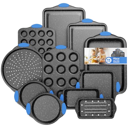 11-Piece Professional Stackable Baking Set, Oven-Safe Nonstick Cookware with Cool-Touch Handles - Features Cookie Sheet, Cake Pan, Muffin Tin, Pizza Stone & Bread Loaf Pan, Black&Blue