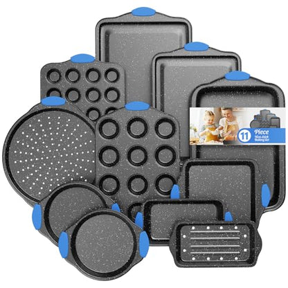 11-Piece Professional Stackable Baking Set, Oven-Safe Nonstick Cookware with Cool-Touch Handles - Features Cookie Sheet, Cake Pan, Muffin Tin, Pizza Stone & Bread Loaf Pan, Black&Blue