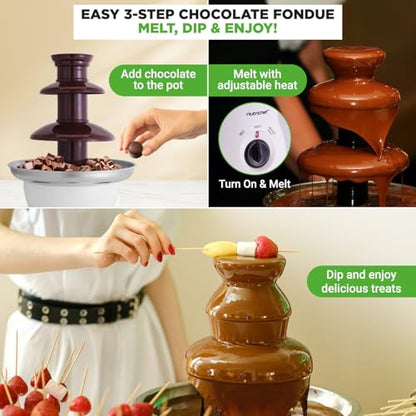 Nutrichef 3 Tier Chocolate Fondue Fountain - Electric Stainless Chocolate Dipping Warmer Machine - Warm & Melt Chocolate, Butter & Cheese - Great for Parties, Events & Weddings - Pot Capacity 16 OZ