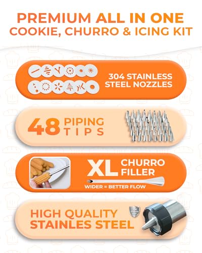 KneadEat Premium 68pc Churro Maker - Spritz Cookie Press Gun Kit - Icing Gun. 12 Cookie and Churro Discs. 48 Icing Tips. XL Filler. Piping Bag. Brushes. For Churros, Cookies and Cake Decorating.